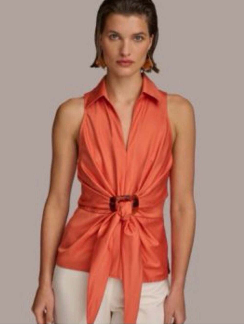 Donna Karan New York Sleeveless Collared Tie-Front Top